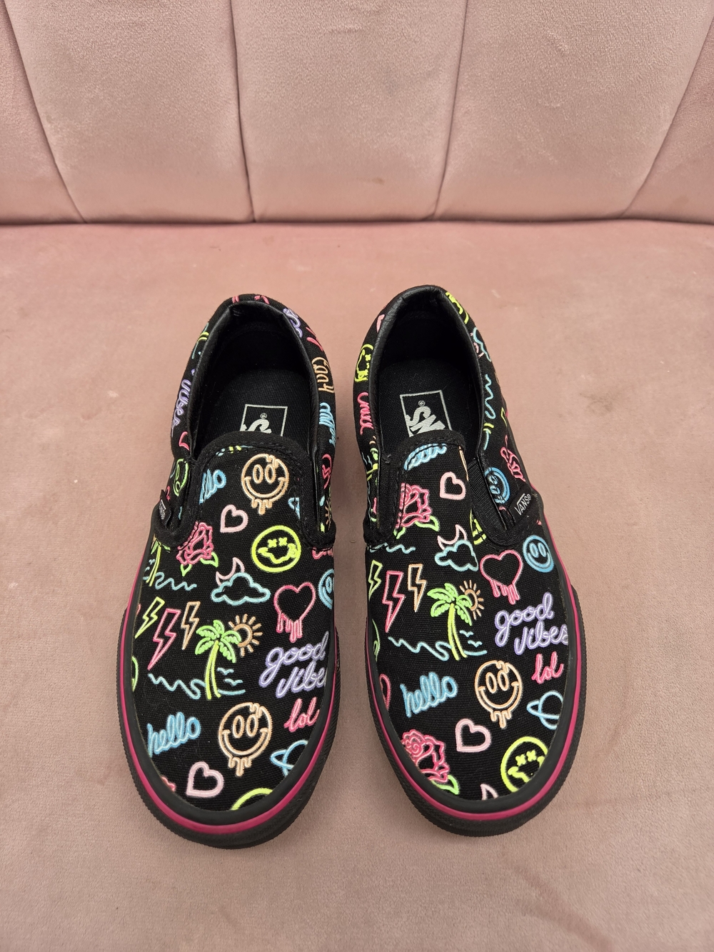 Vans Kids Black Slip-On Sneakers with Neon Pink Blue Yellow Green Doodles